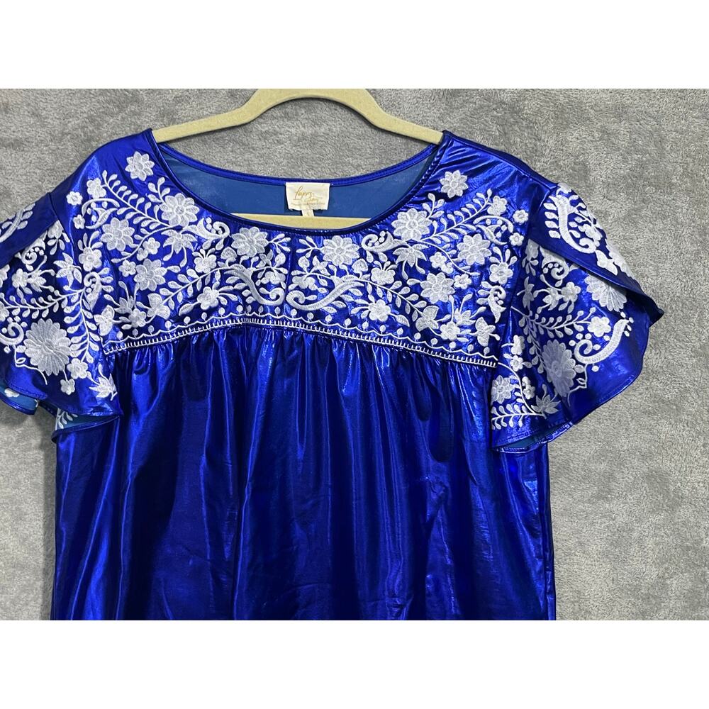 Layerz Maher Blouse Large Blue Metallic Satin Mexican Style Embroidery Boho NWT - Picture 2 of 7